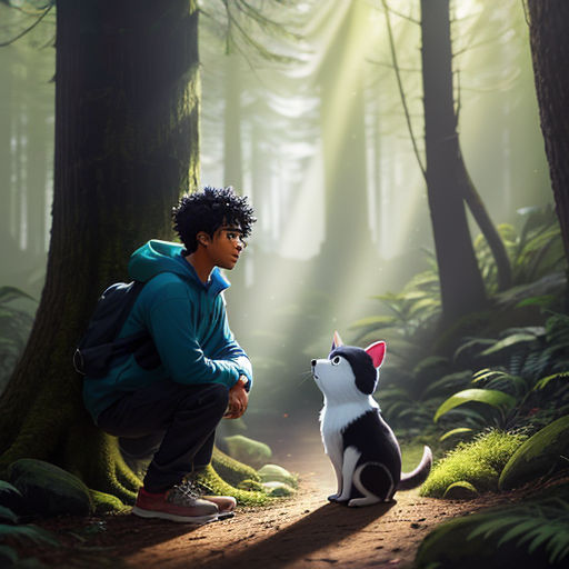 a man kneeling down next to a dog in a forest with a light shining on him and a dog sitting on the ground