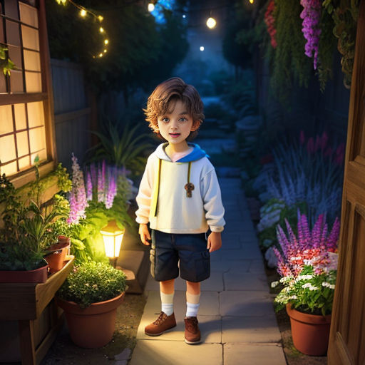 a young boy standing in a garden at night with a light on his head and a potted plant in the background