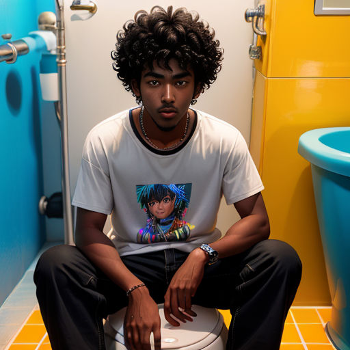 a man sitting on a toilet in a bathroom with a blue toilet and yellow walls behind him and a blue toilet bowl
