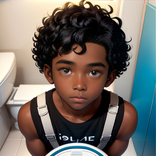 a young boy with curly hair standing in a bathroom next to a toilet bowl and a sink with a blue and white sign