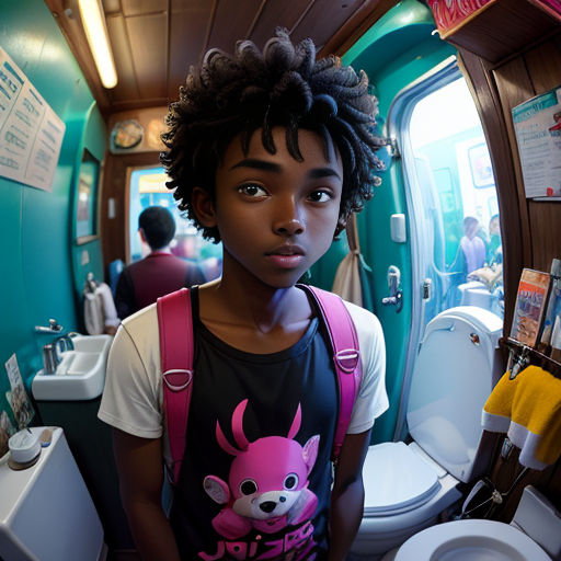 a young girl standing in a bathroom next to a toilet and sink with a mirror above her head and a mirror above her head