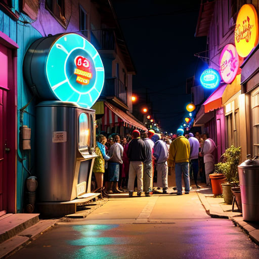 a group of people standing outside of a building at night time with neon lights on the side of the building