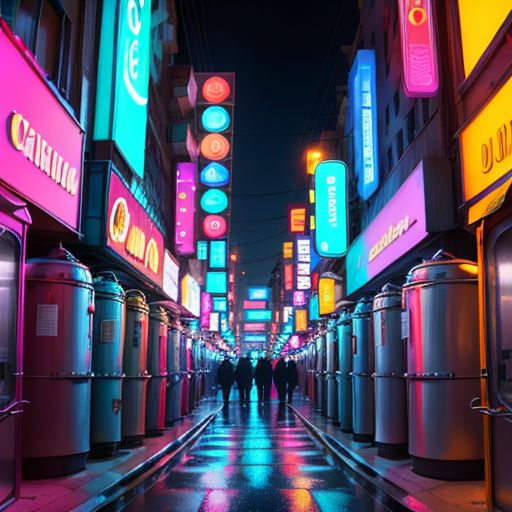 a city street with neon signs and people walking down it at night time with a dark sky background and a few buildings