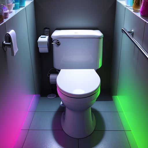 a toilet with a colorful light on the tank lid in a bathroom with a toilet paper dispenser