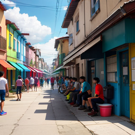 a group of people sitting on a bench in front of a building with colorful doors and windows on the side of the street