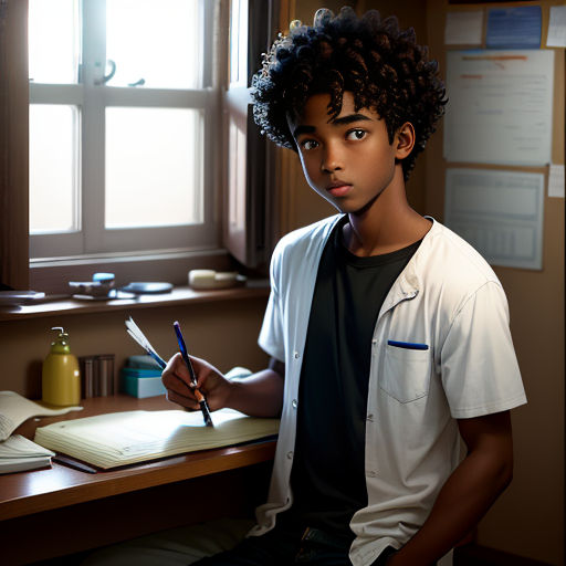 a young man sitting at a desk with a pen and paper in his hand and a notebook in his other hand