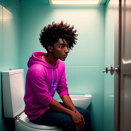 a man sitting on a toilet in a bathroom stall with a blue wall and a white toilette and a blue tiled floor