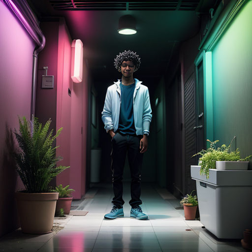 a man standing in a hallway with a plant in the corner of the room and a potted plant in the corner