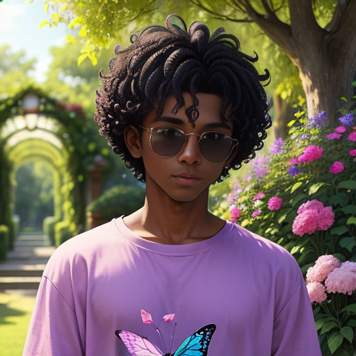 a young man with a butterfly on his shirt in a garden with flowers and a gazebo in the background