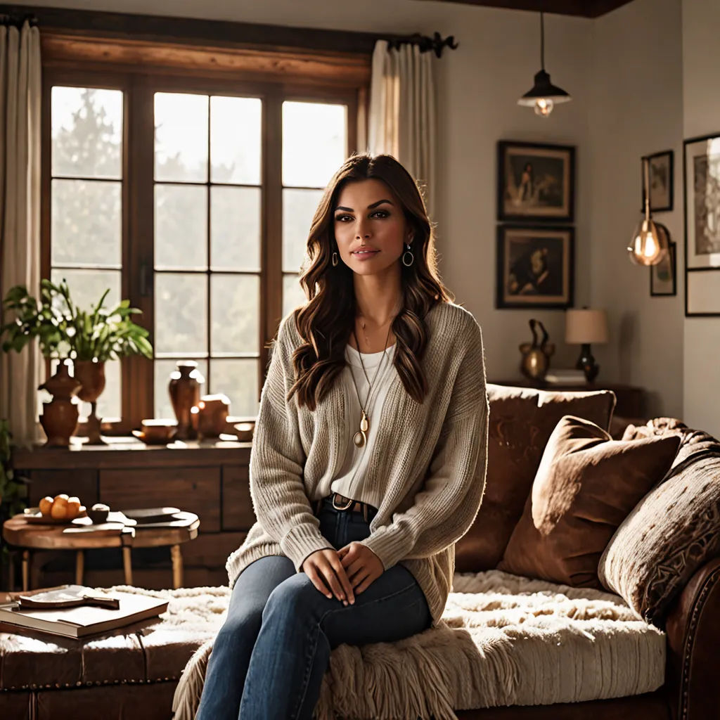 a woman sitting on a couch in a living room next to a window with a view of the outdoors, arts and crafts movement, a portrait, Christian Hilfgott Brand, promotional image
