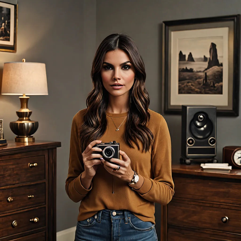 a woman holding a camera in a room with a dresser and a lamp on it's side table, new objectivity, a polaroid photo, Barbara Greg, promotional image