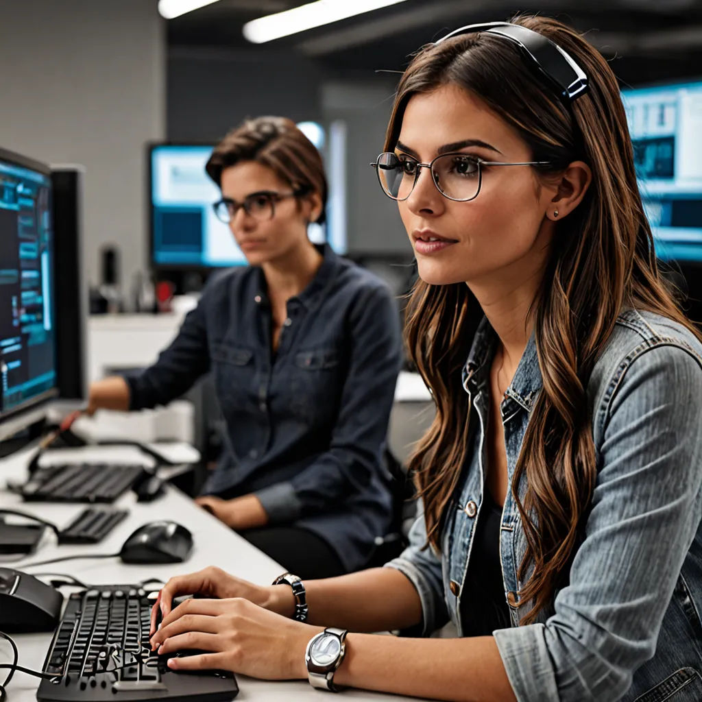 a woman sitting at a desk with a computer monitor and keyboard in front of her and a man in the background, les automatistes, a stock photo, Andries Both, professional photo