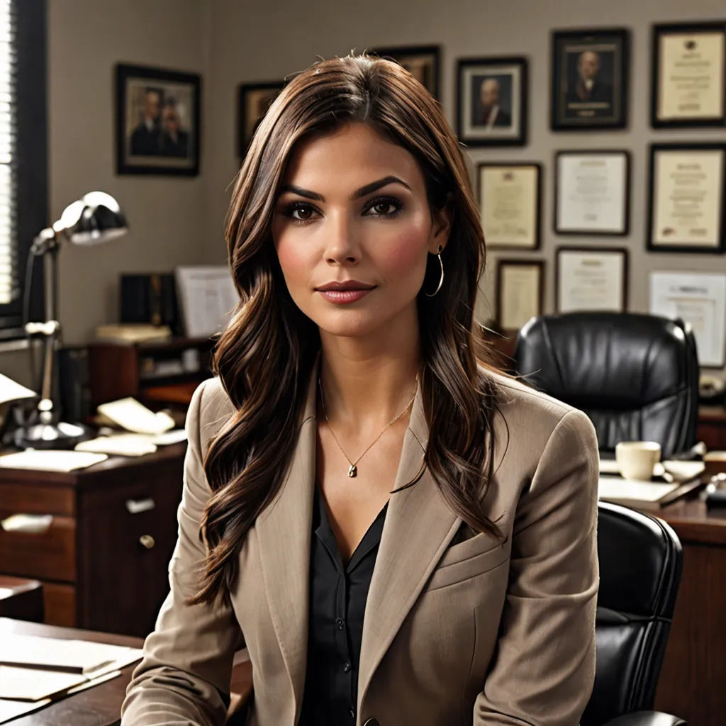 a woman sitting at a desk in an office setting with a lot of framed pictures on the wall behind her, tachisme, a stock photo, Araceli Gilbert, promotional image