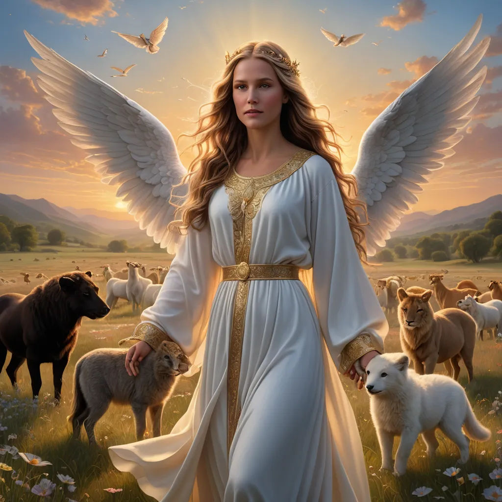a woman with wings standing in a field with sheep and lambs in the background, with a sunset behind her, fantasy art, a digital rendering, Anne Stokes, kinkade