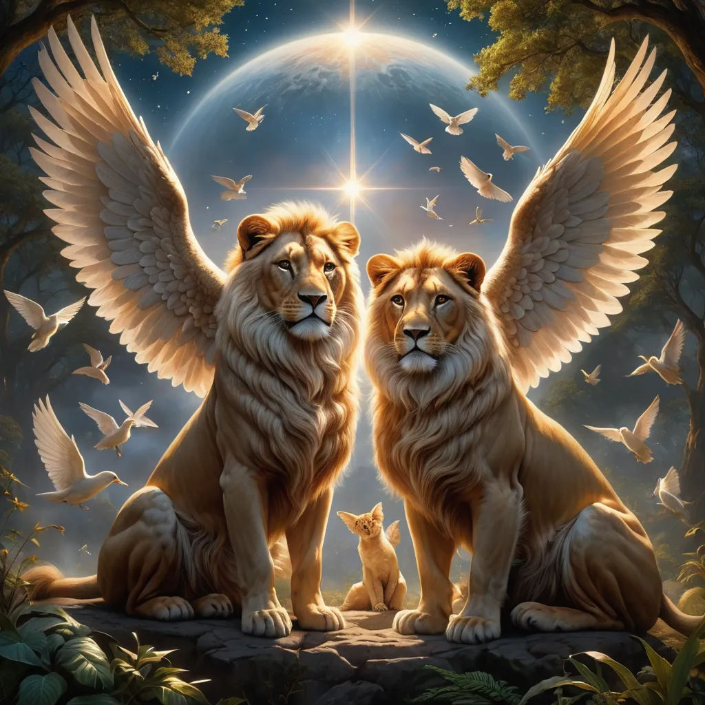 two lions with wings sitting on a rock with a cat in front of them and a full moon in the background, fantasy art, an airbrush painting, Anne Stokes, highly detailed digital painting