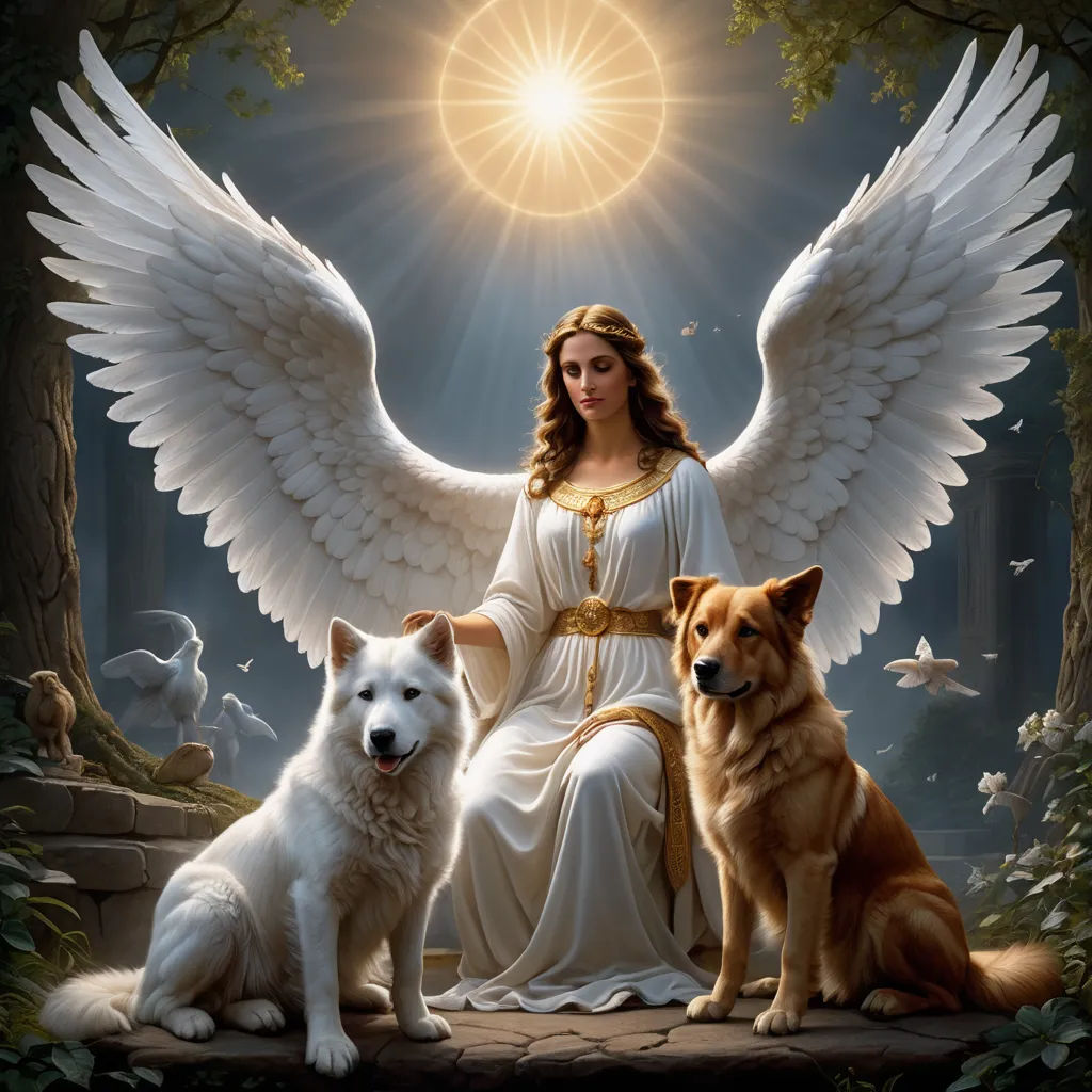 a painting of a woman with two dogs in front of her and a sun above her head with wings, gothic art, a fine art painting, Anne Stokes, highly detailed digital art