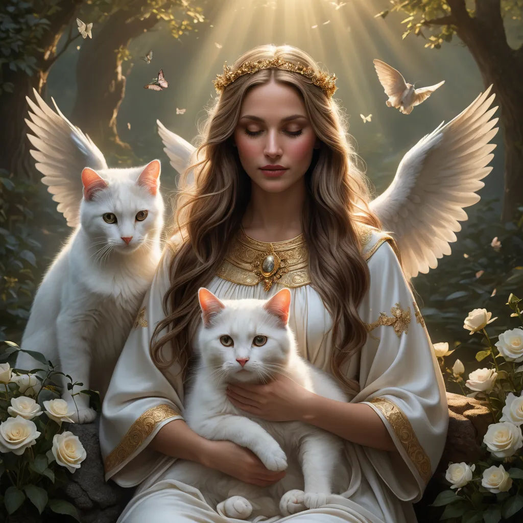 a woman holding a white cat in her arms with two white cats on her lap and a white rose in the background, fantasy art, a fine art painting, Anne Stokes, highly detailed digital painting