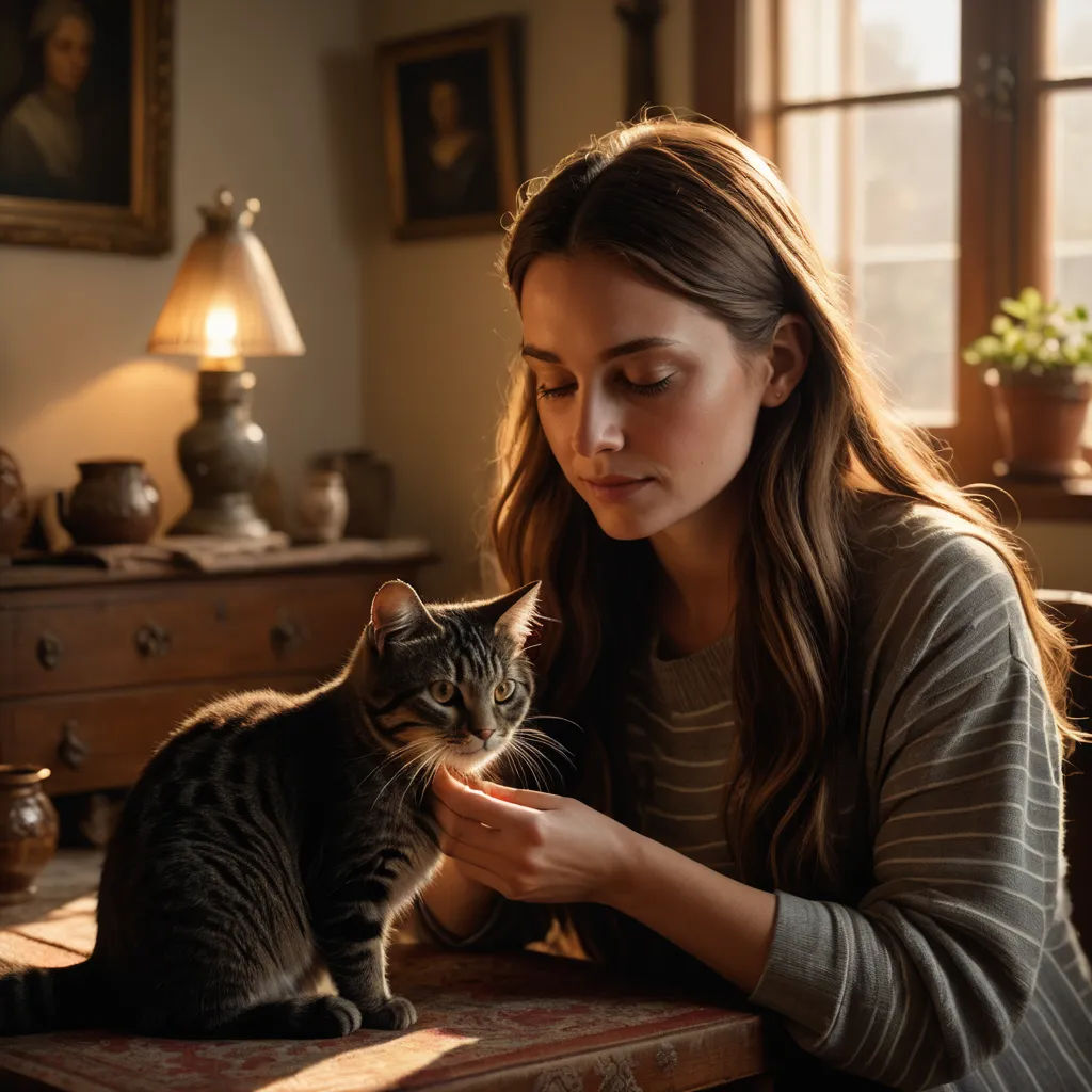 a woman is petting a cat in a room with a lamp and a dresser in the background and a painting on the wall, aestheticism, a still life, Anna Hotchkis, promotional image