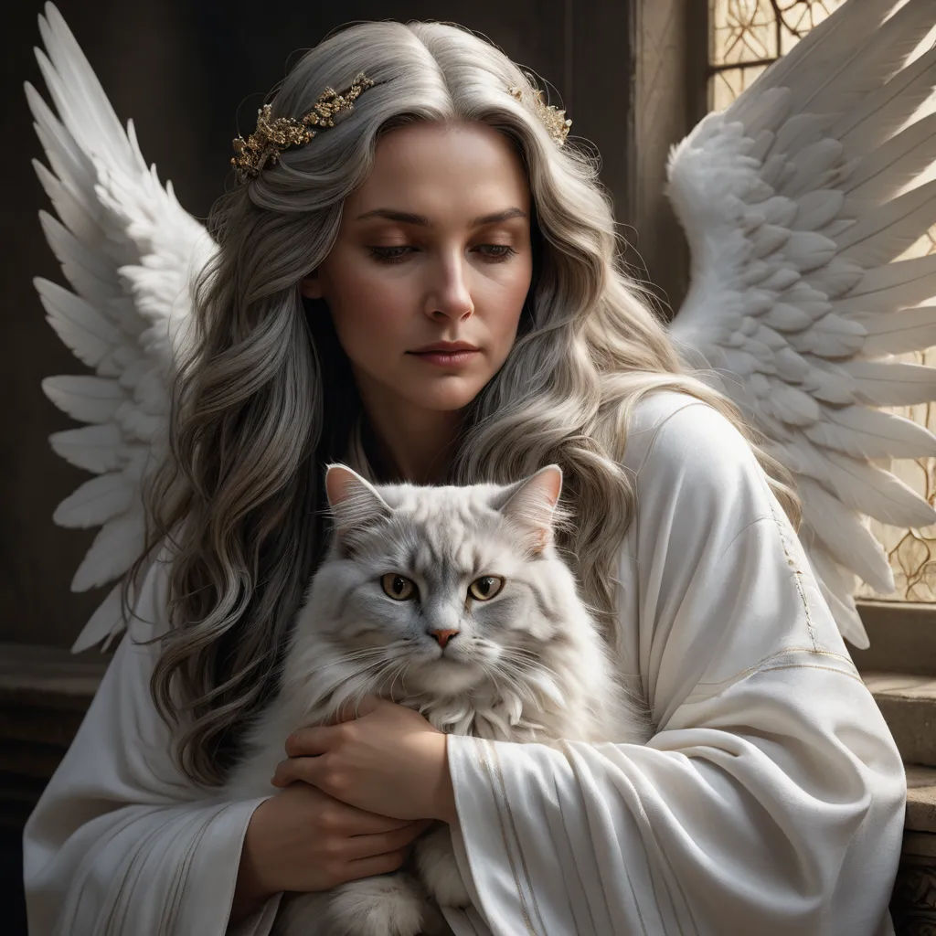 a woman with a cat in her arms and wings on her head, with a cat in her arms, fantasy art, a renaissance painting, Artur Tarnowski, key art