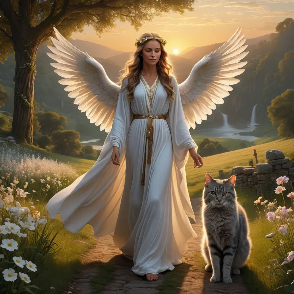 a painting of a woman with wings and a cat in a field with flowers and trees, with a sunset behind her, fantasy art, a storybook illustration, Anne Stokes, highly detailed digital painting