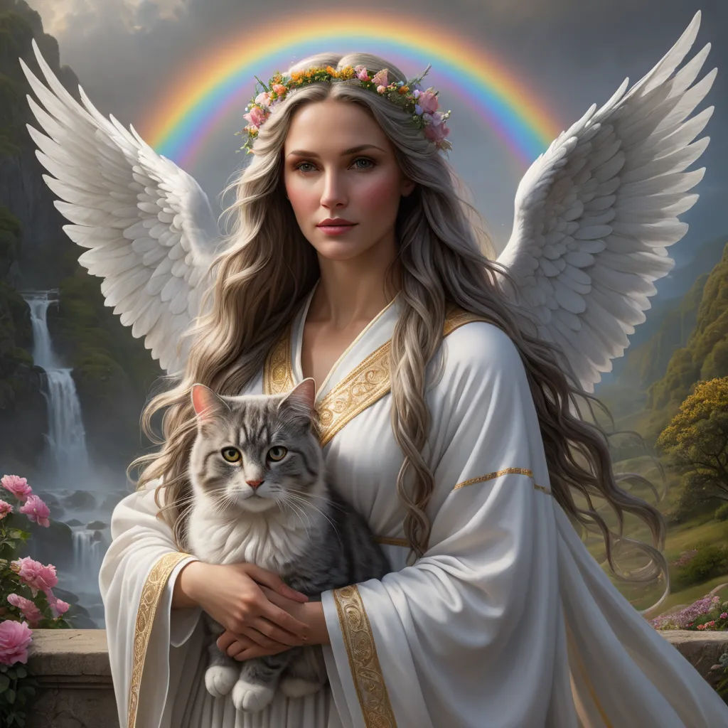 a painting of a woman holding a cat with a rainbow in the background and a waterfall in the background, fantasy art, a fine art painting, Anne Stokes, highly detailed digital painting