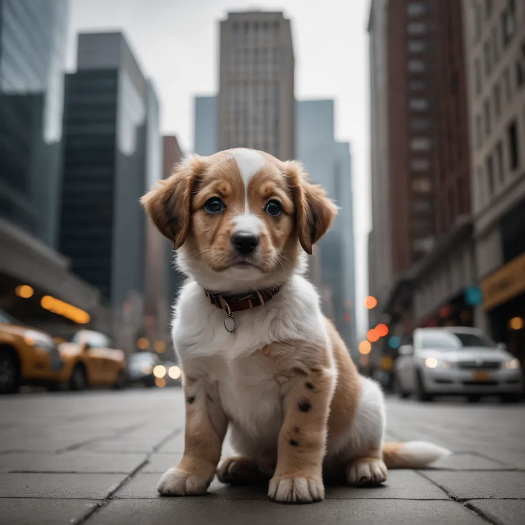 a puppy sitting on a city street with tall buildings in the background and a dog sitting on the ground, neoism, a tilt shift photo, Elke Vogelsang, city background