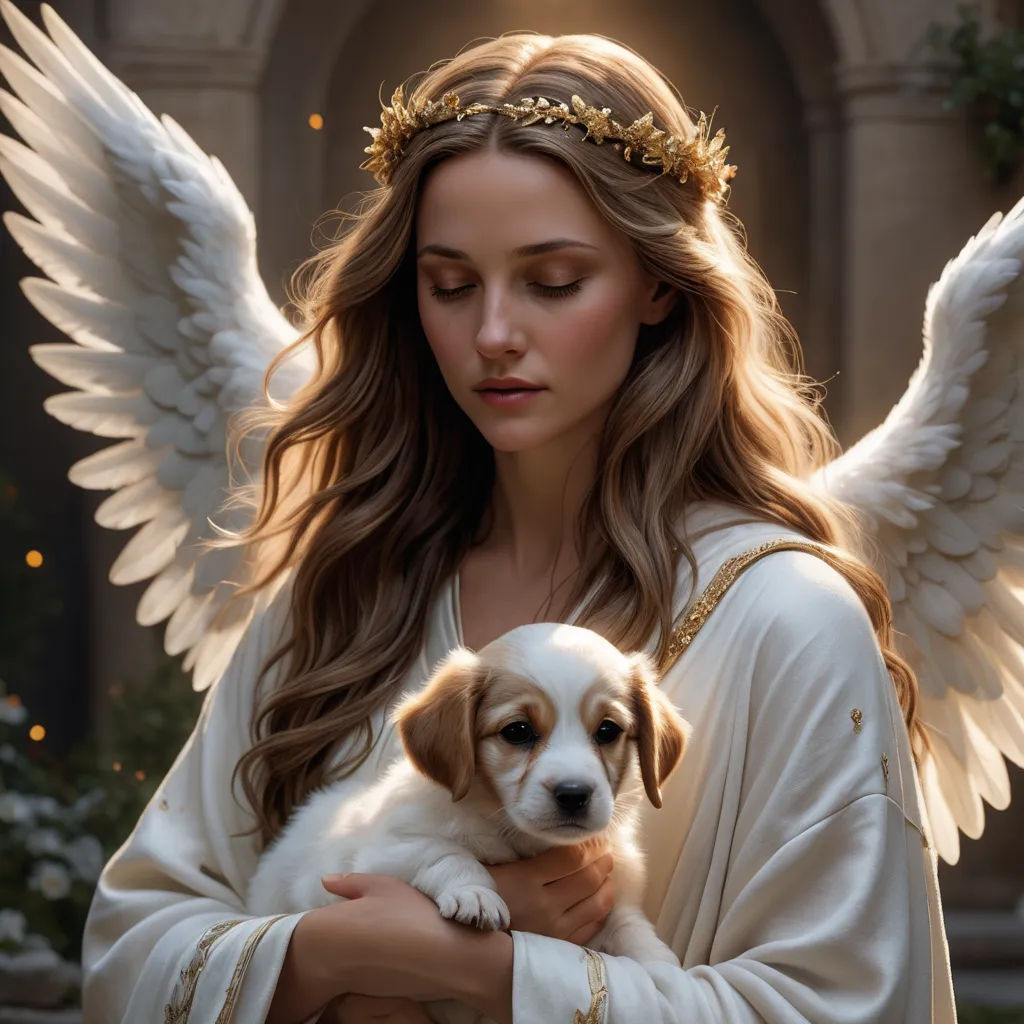 a woman holding a puppy in her arms with angel wings on her head and a wreath on her head, fantasy art, a photorealistic painting, Evelyn De Morgan, angelic