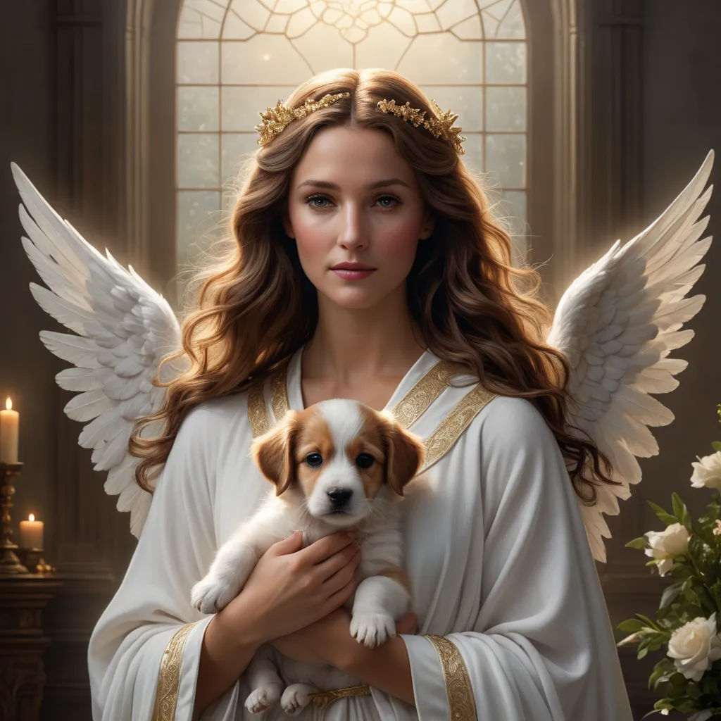 a woman holding a puppy in her arms with angel wings on her head and a halo around her neck, fantasy art, a fine art painting, Anne Stokes, highly detailed digital painting