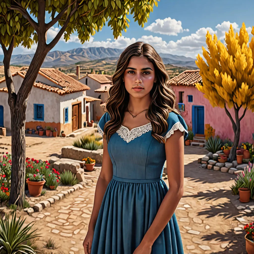 a painting of a woman in a blue dress standing in front of a house with a cactus garden and a tree, Brad Kunkle, photorealism, a hyperrealistic painting, highly detailed digital painting