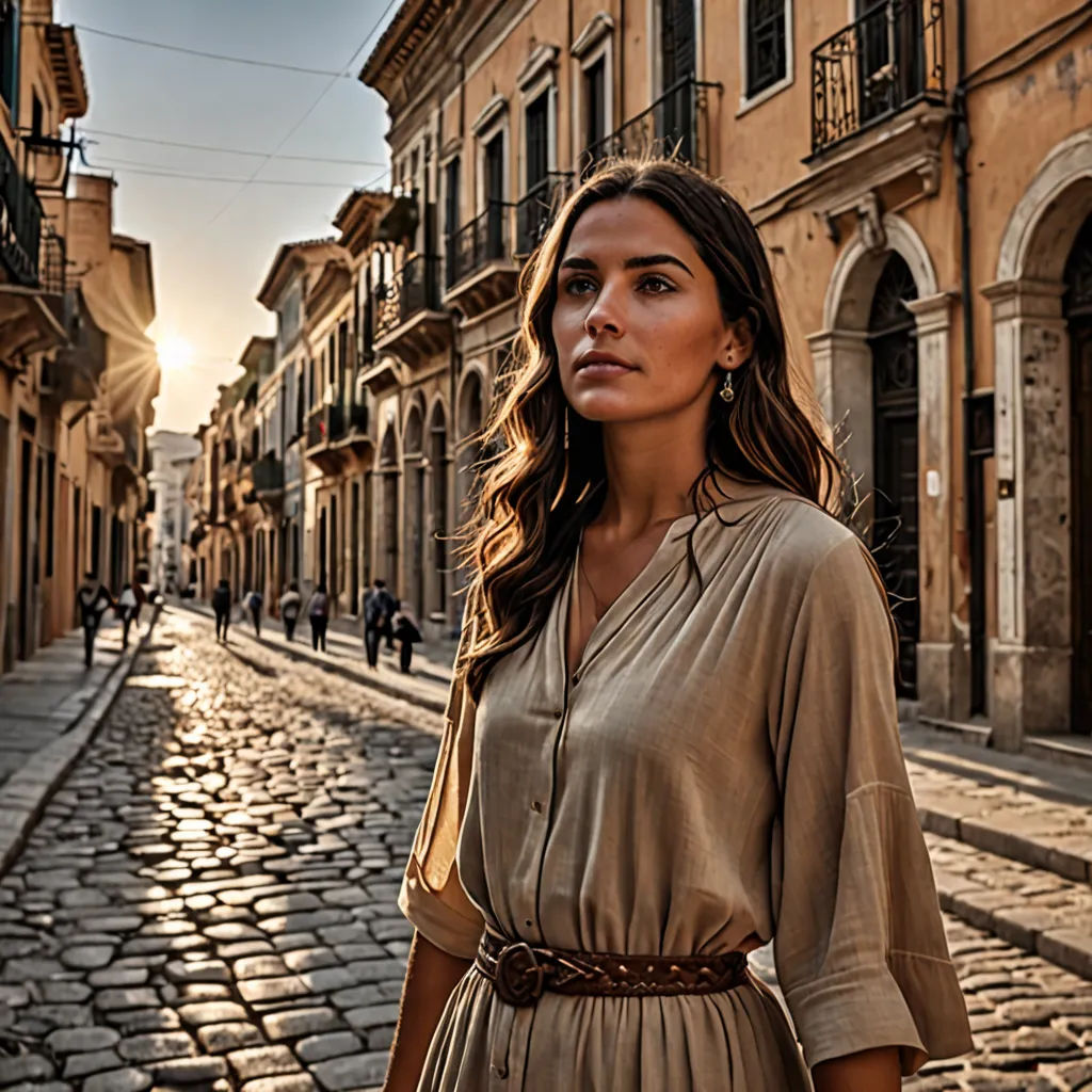 a woman standing on a cobblestone street in a city at sunset or sunrise time, looking off to the side, Eva Gonzalès, magical realism, a character portrait, promotional image