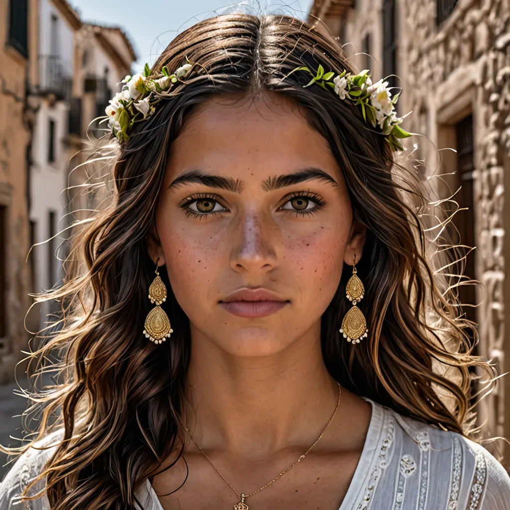 a woman with a flower crown on her head in a street in a city with buildings and a clock, Eva Gonzalès, romanesque, a portrait, jewelry