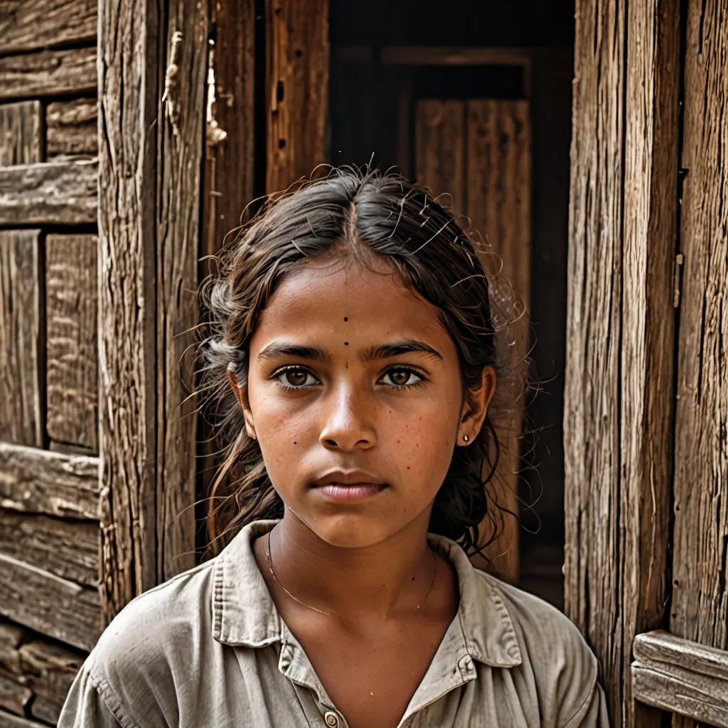 a young girl standing in front of a wooden door with a smile on her face and a brown shirt on, Ella Guru, art photography, a portrait, portrait photography