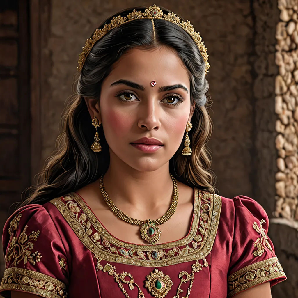 a woman in a red dress with a gold necklace and earrings on her head and a brown background with a stone wall, Araceli Gilbert, photorealism, a photorealistic painting, promotional image
