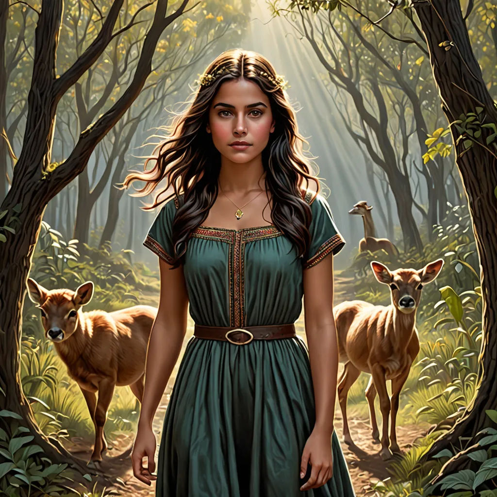 a painting of a woman in a green dress standing in a forest with deer behind her and a light shining through the trees, Anne Stokes, fantasy art, poster art, key art