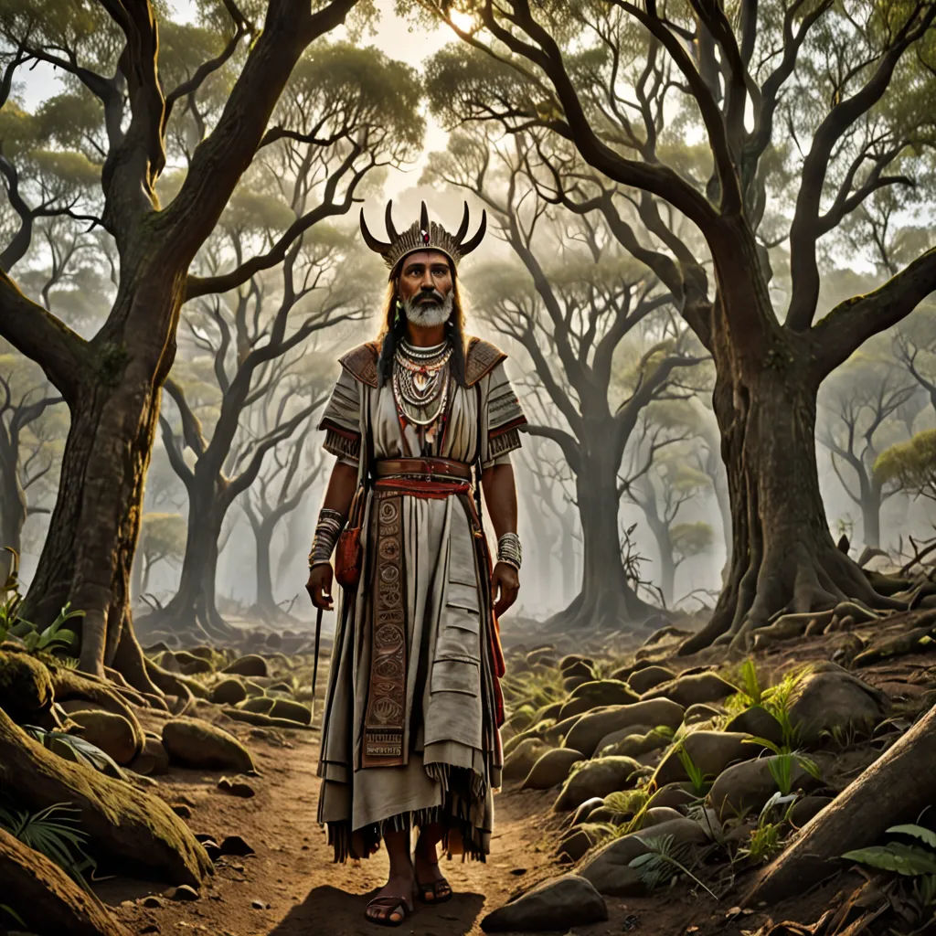 a man in a costume standing in a forest with trees and rocks in the background and a sun shining through the trees, Bikash Bhattacharjee, samikshavad, a detailed matte painting, promotional image