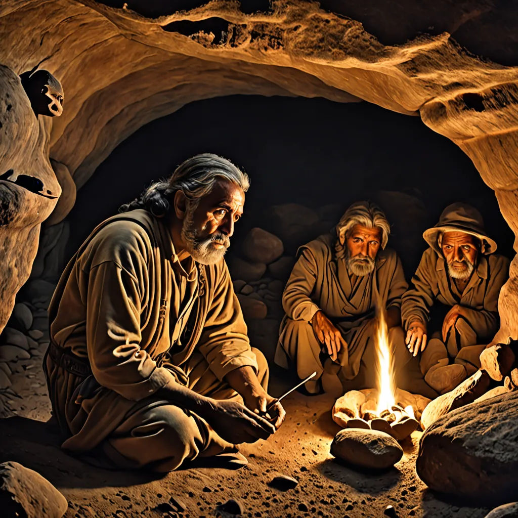 three men sitting in a cave with a fire in the middle of them and a man standing next to them, Dionisius, primitivism, a cave painting, rembrandt lighting