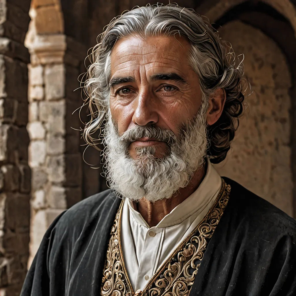 a man with a beard and a white beard wearing a black outfit and a gold necklace and a white beard, Abdullah Gërguri, hurufiyya, a character portrait, promotional image