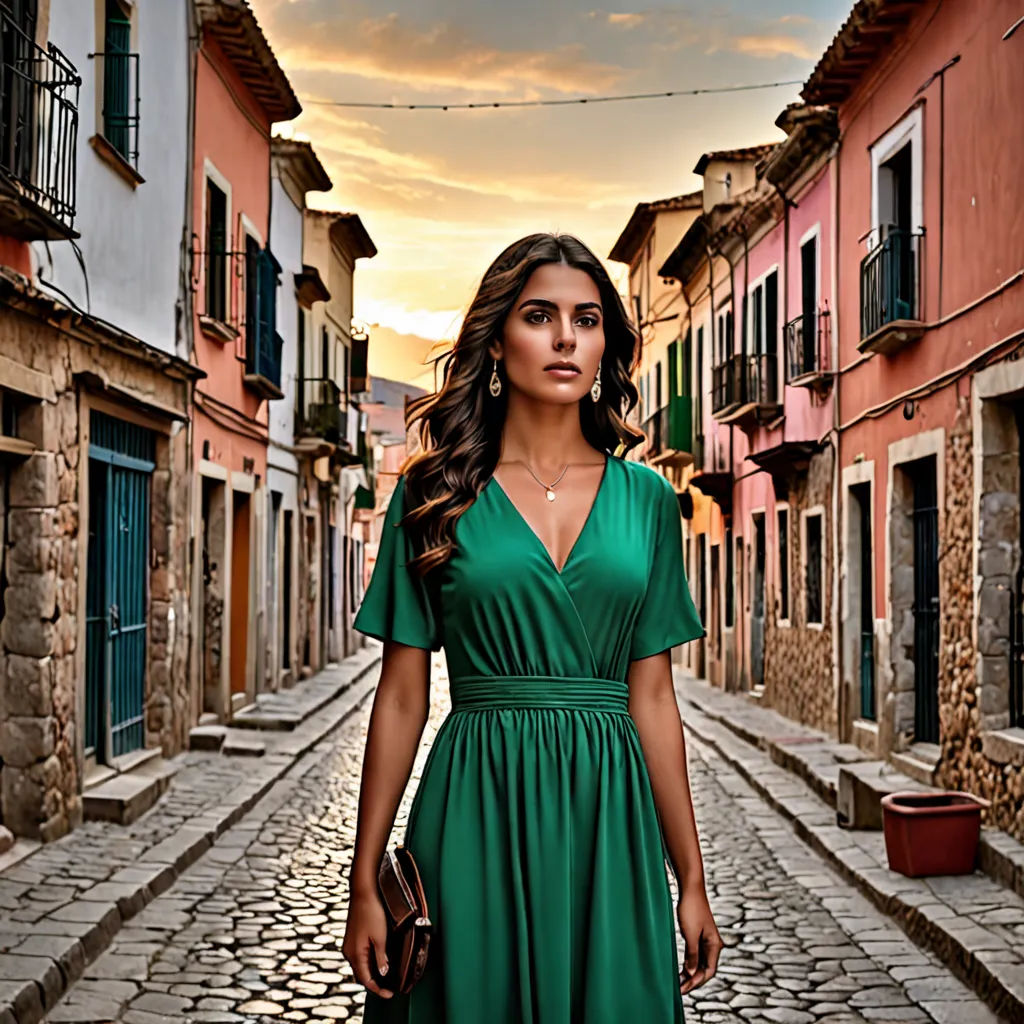 a woman in a green dress is walking down a cobblestone street in a town at sunset or dawn, Eva Gonzalès, magic realism, a poster, promotional image