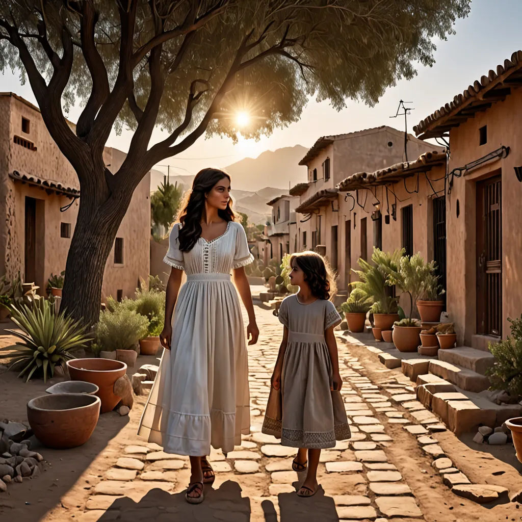 a woman and a little girl walking down a street together in a village at sunset or sunrise time,, Colin Middleton, dau-al-set, egyptian art, promotional image