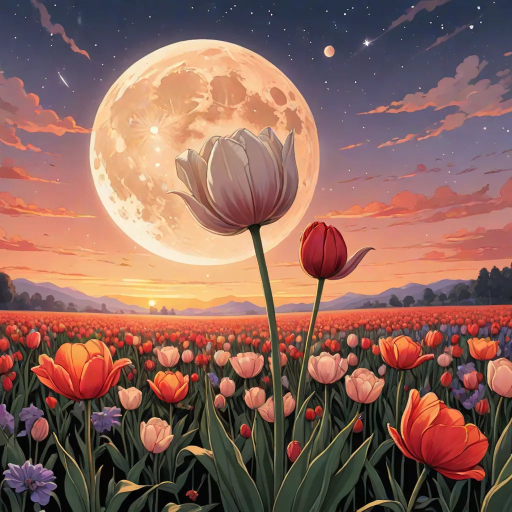 a painting of a field of flowers with a full moon in the background and stars in the sky above, space art, a painting, David A Hardy, dreamlike