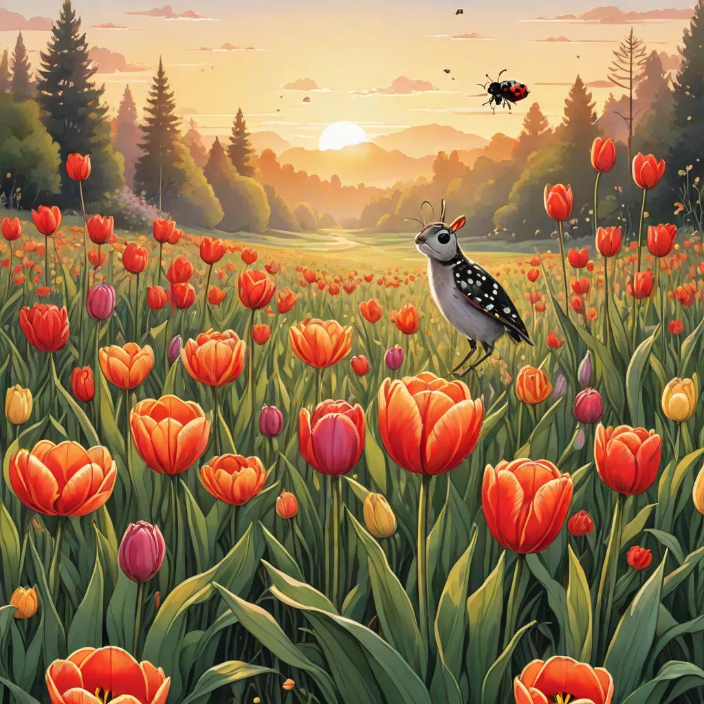 a painting of a bird in a field of flowers with a sunset in the background and a lady bug flying over it, fantasy art, a storybook illustration, Dan Mumford, highly detailed digital painting