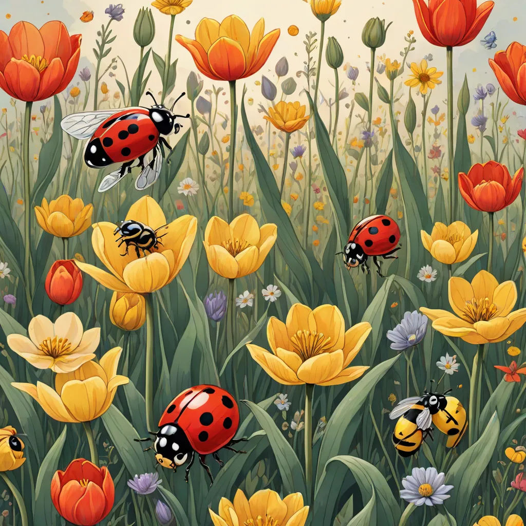 a painting of ladybugs and yellow flowers in a field of tulips and tulips, naive art, a storybook illustration, Chris LaBrooy, highly detailed digital painting