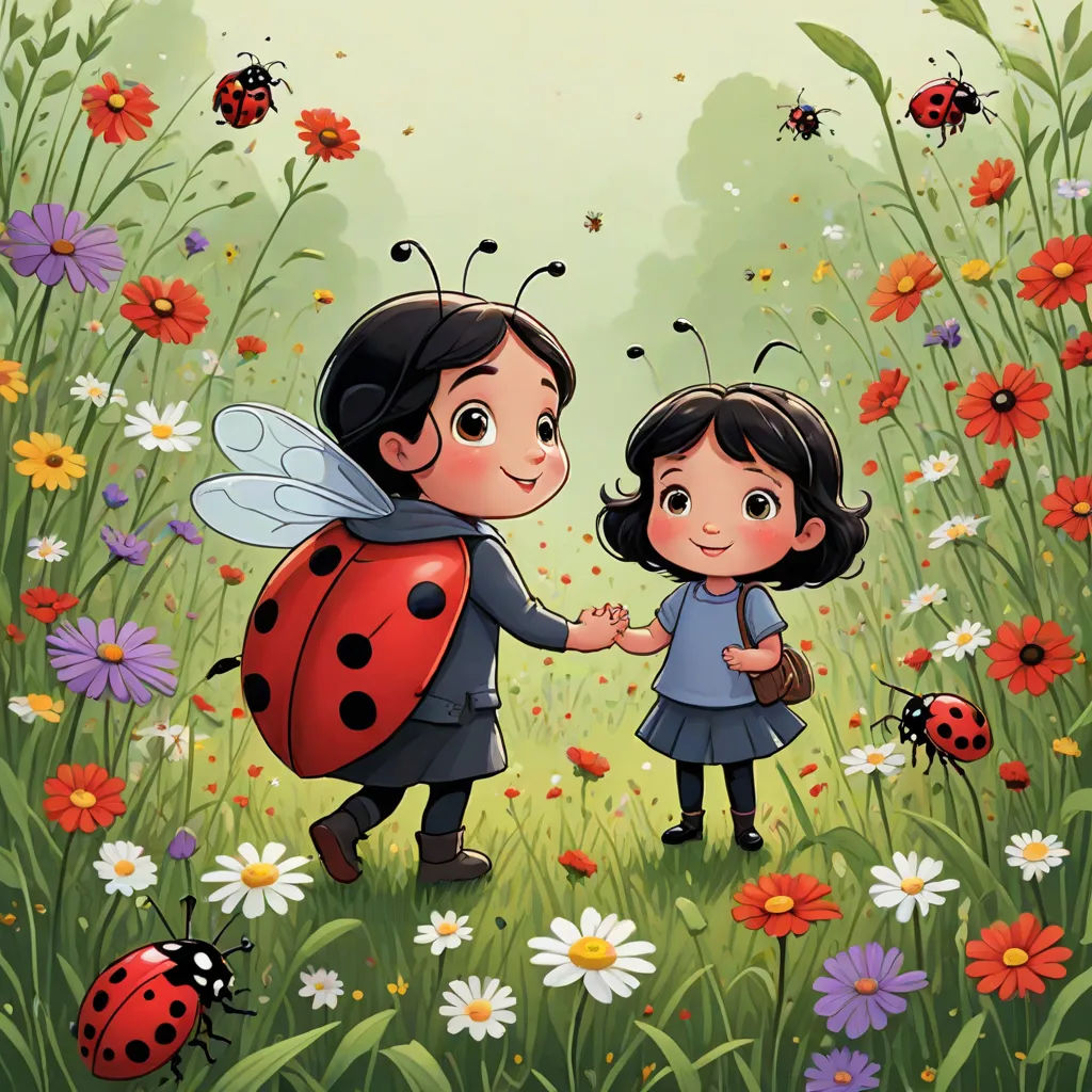 a couple of kids standing next to each other in a field of flowers and ladybugs holding hands, pop surrealism, a storybook illustration, Diego Gisbert Llorens, storybook illustration