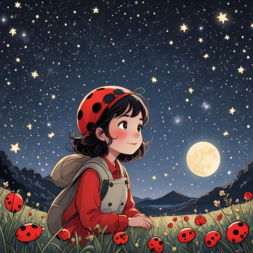 a girl with a backpack is standing in a field of flowers and stars at night with the moon in the background, space art, a storybook illustration, Atey Ghailan, fireflies