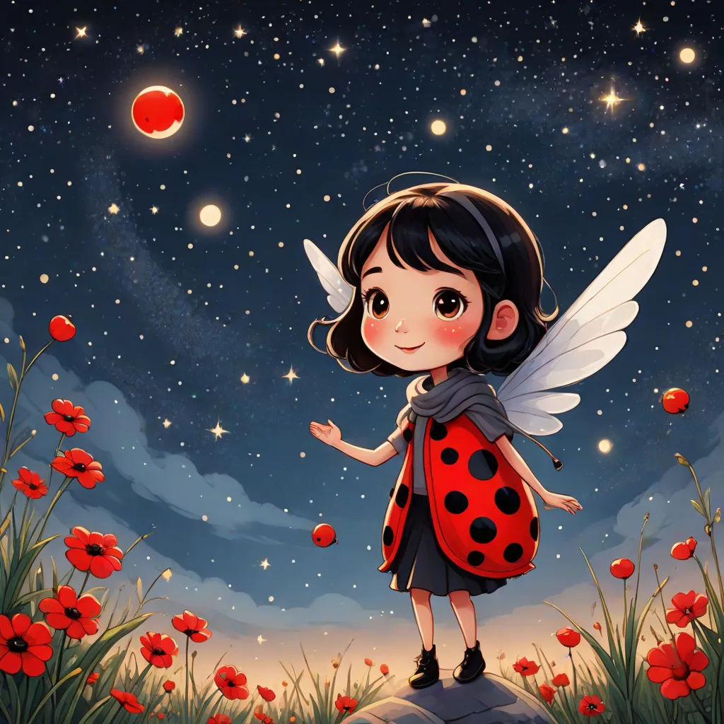 a little girl dressed in a lady bug costume standing in a field of flowers with a red ball in the sky, space art, a storybook illustration, Cliff Childs, fireflies