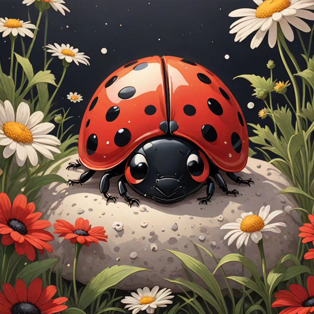 a lady bug sitting on top of a rock surrounded by daisies and daisies in the background is a full moon, pop surrealism, a storybook illustration, Chris LaBrooy, highly detailed digital painting
