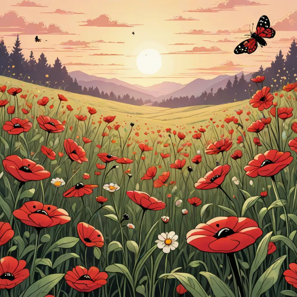 a painting of a field of red flowers with a butterfly flying over it and a sunset in the background, serial art, a comic book panel, Dan Mumford, josan gonzales and dan mumford