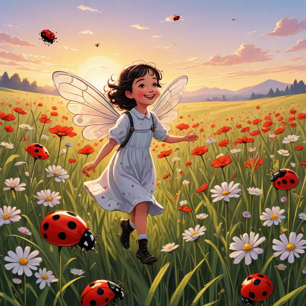 a little girl in a field of flowers with ladybugs flying around her and a lady bug in the air, magic realism, a storybook illustration, Bob Byerley, storybook illustration