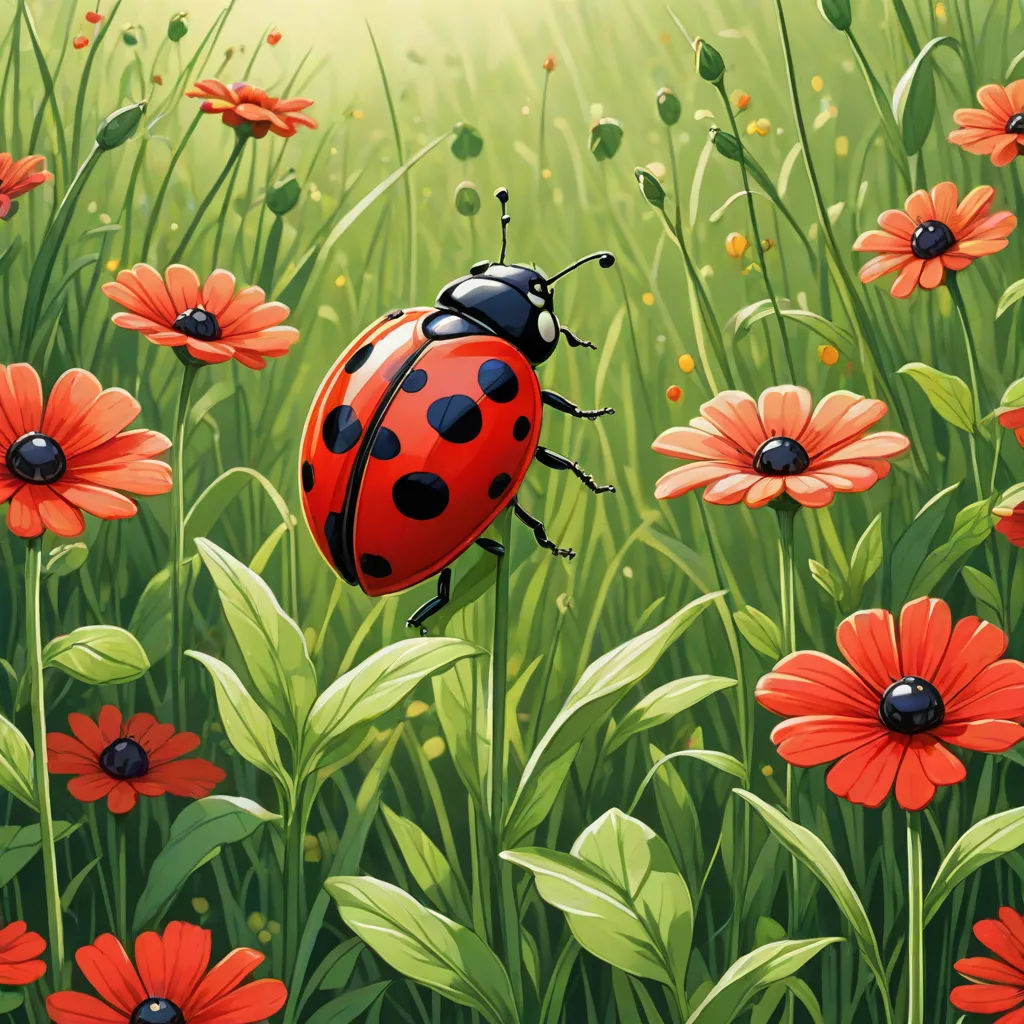 a lady bug sitting on top of a lush green field of flowers and daisies in the sun light, ecological art, a detailed painting, Chris LaBrooy, highly detailed digital painting