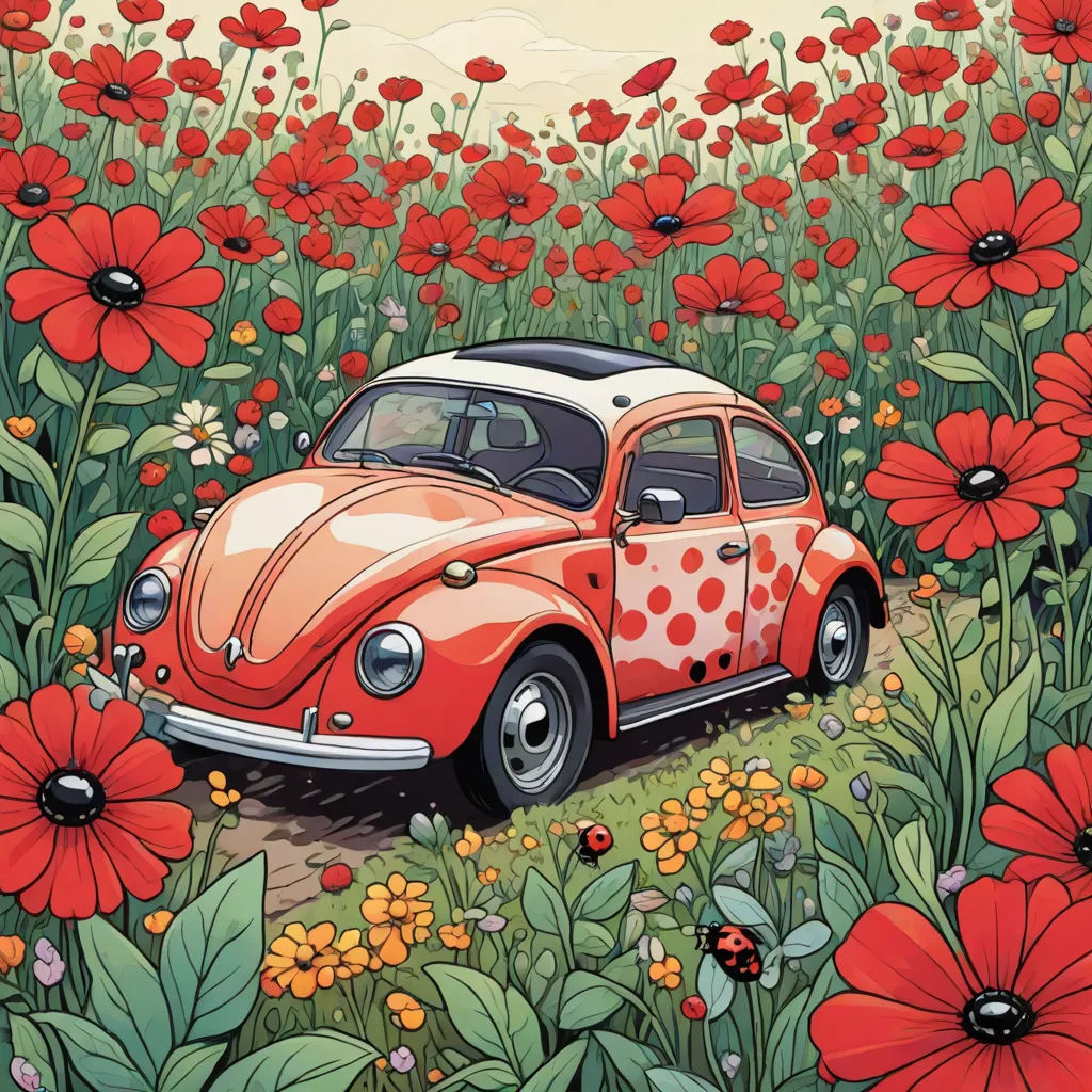 a red car parked in a field of flowers and grass with a sky background and a yellow sky in the background, psychedelic art, a storybook illustration, Asaf Hanuka, josan gonzales and dan mumford